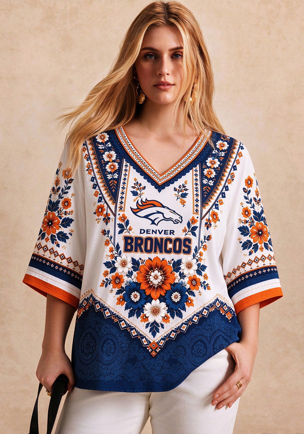 Women’s Denver Broncos Boho Floral V-Neck 3/4 Sleeve Shirt Main image