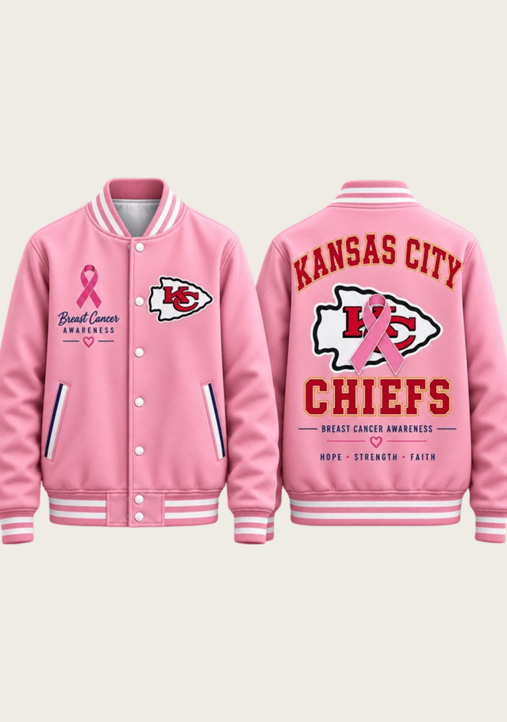Kansas City Chiefs Breast Cancer Awareness Pink Ribbon Varsity Jacket