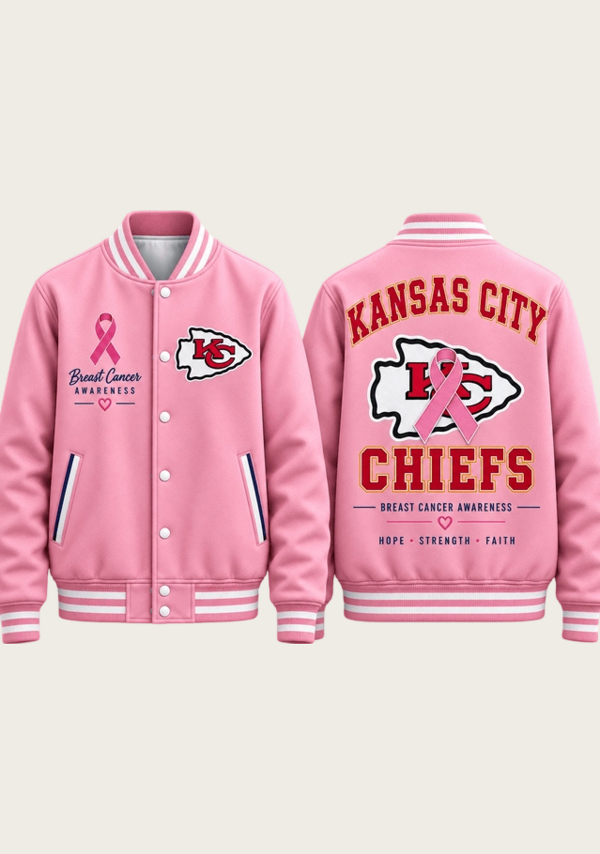 Kansas City Chiefs Breast Cancer Awareness Pink Ribbon Varsity Jacket