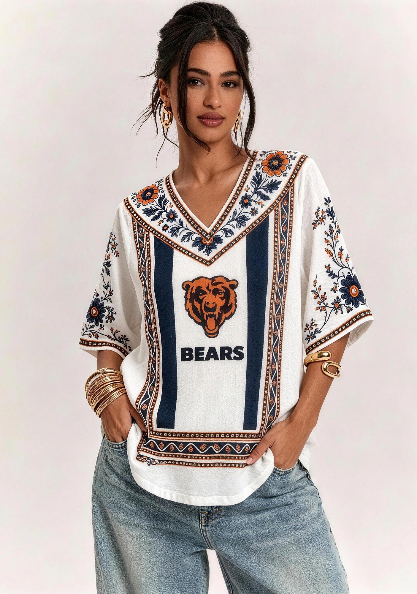 Boho Floral Chicago Bears V-Neck Blouse