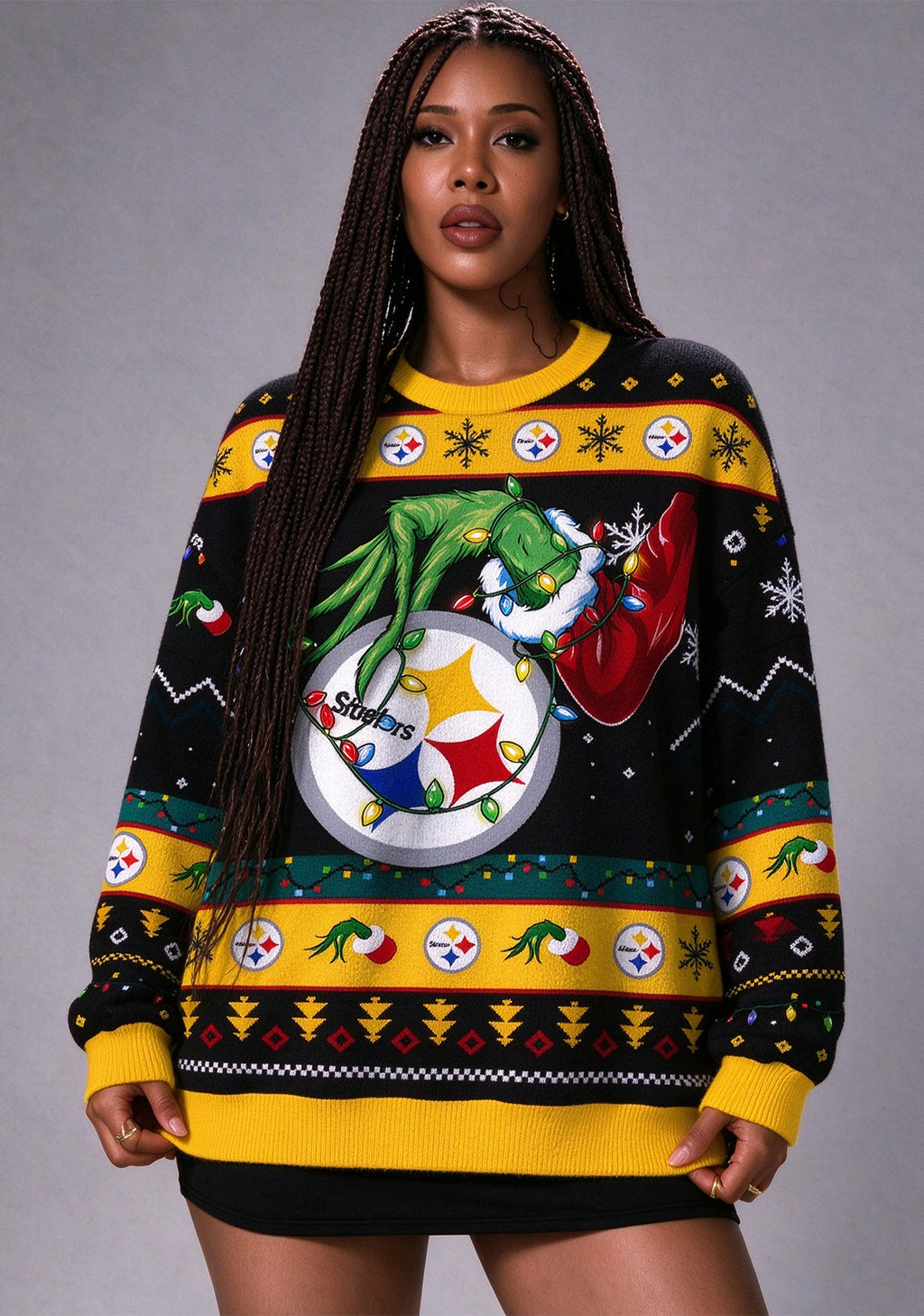 Grinch Stealing Pittsburgh Steelers Logo Ugly Christmas Sweatshirt