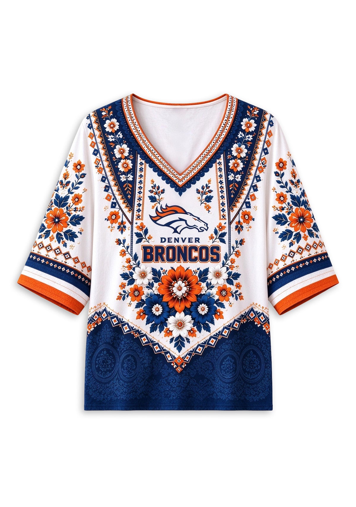 Women’s Denver Broncos Boho Floral V-Neck 3/4 Sleeve Shirt