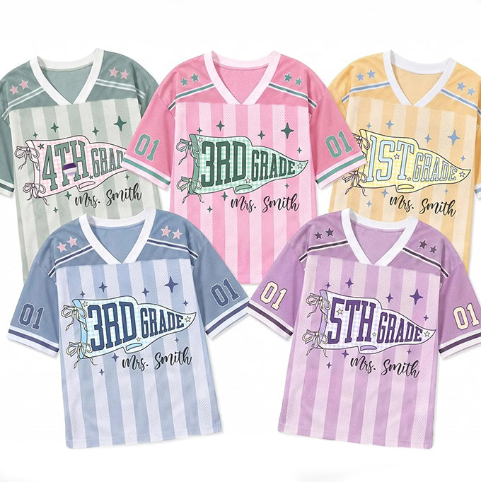 Personalized Grade And Name Striped Pennant Bow Star Teacher Mesh Jersey Main image