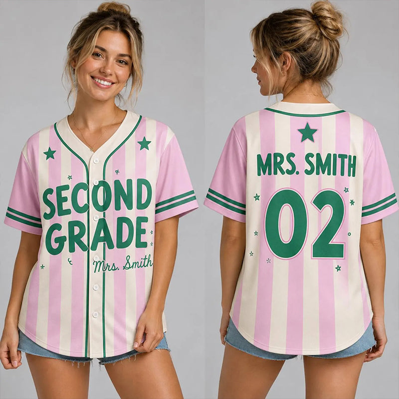 Personalized Grade And Name Preppy Stripes Star Teacher Baseball Jersey Main image