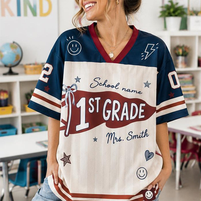 Personalized Grade And Name Preppy Stripes Patchwork First Day Teacher Mesh Jersey Secondary image