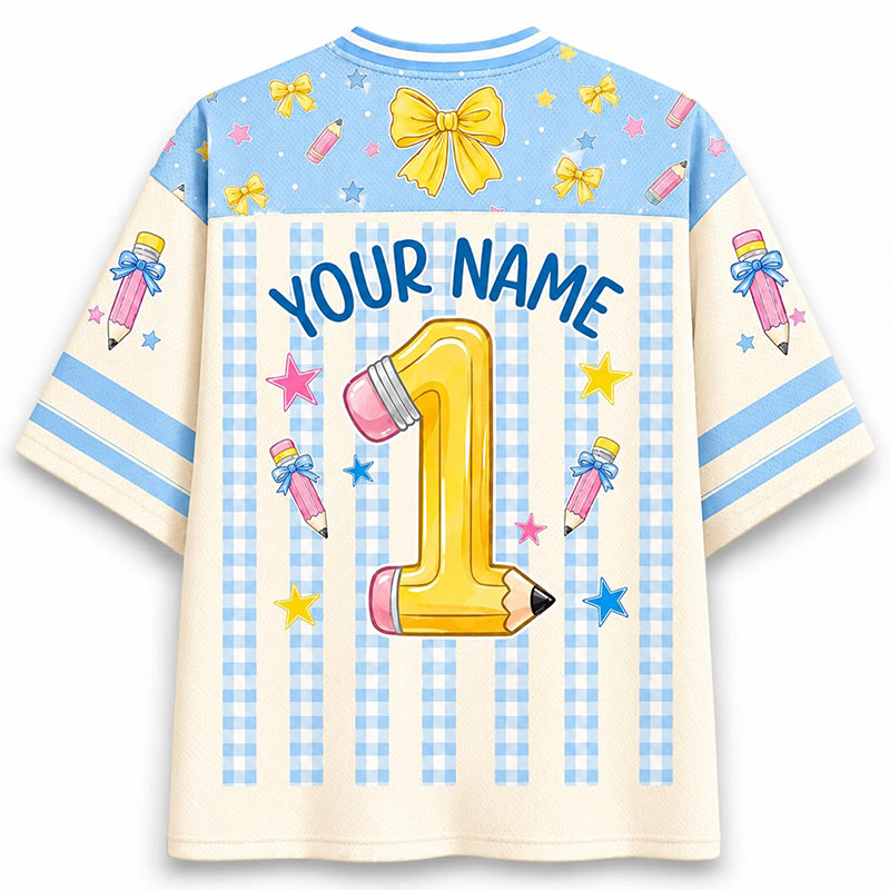Personalized Grade And Name Gingham Stripes Pencil Bow Teacher Mesh Jersey