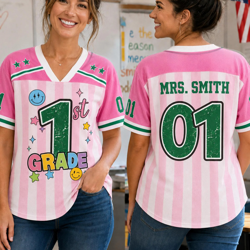 Personalized Name And Grade Striped Smile  Two Sided Star Teacher Mesh Jersey Main image