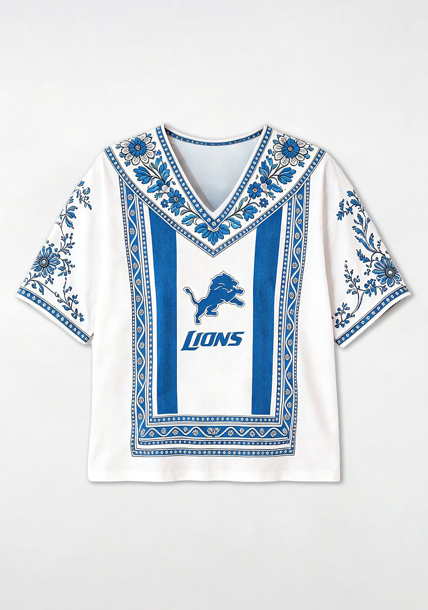 Boho Blue Floral Detroit Lions V-Neck Blouse Secondary image