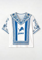 Boho Blue Floral Detroit Lions V-Neck Blouse