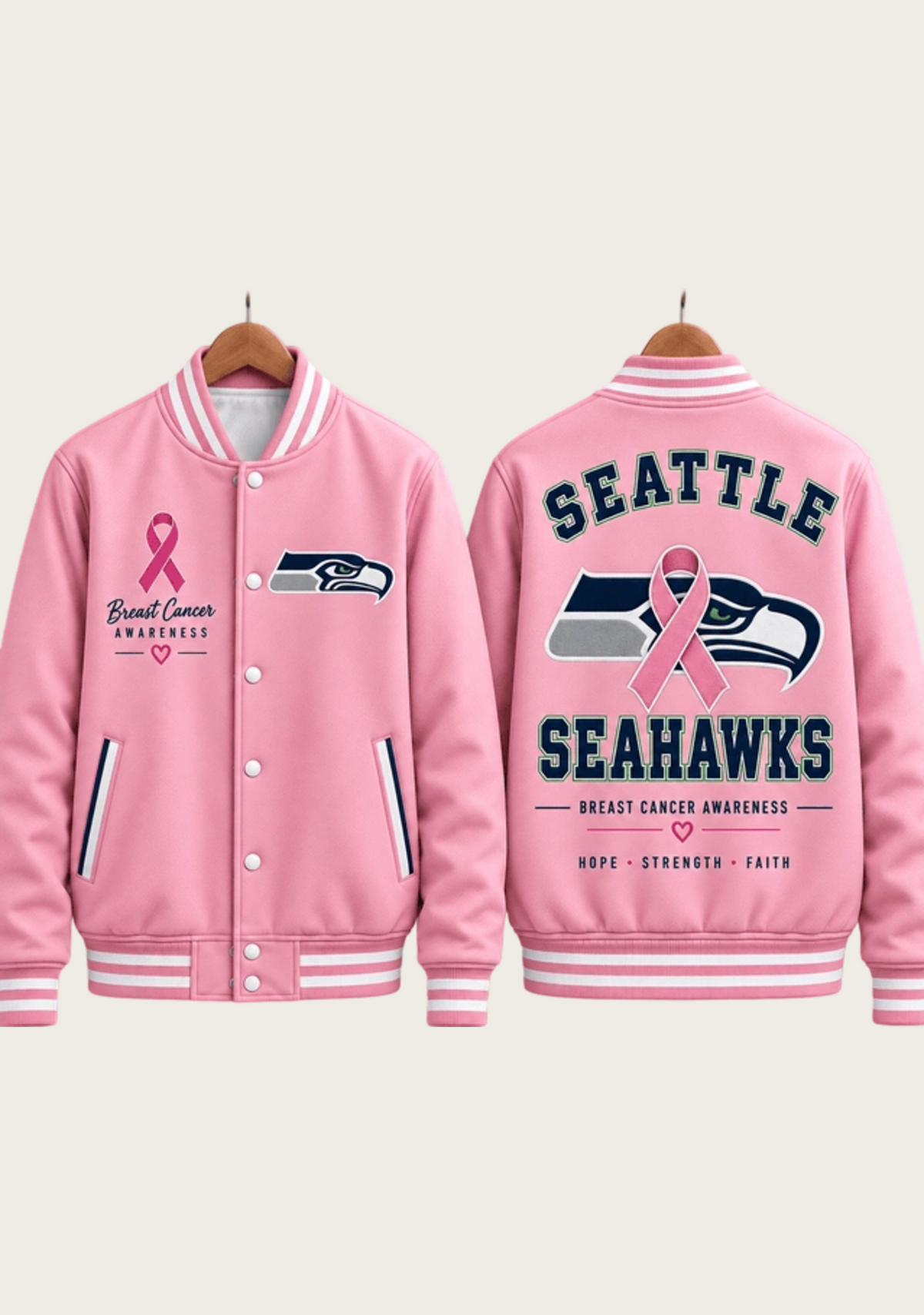 Seattle Seahawks Breast Cancer Awareness Pink Ribbon Varsity Jacket Main image