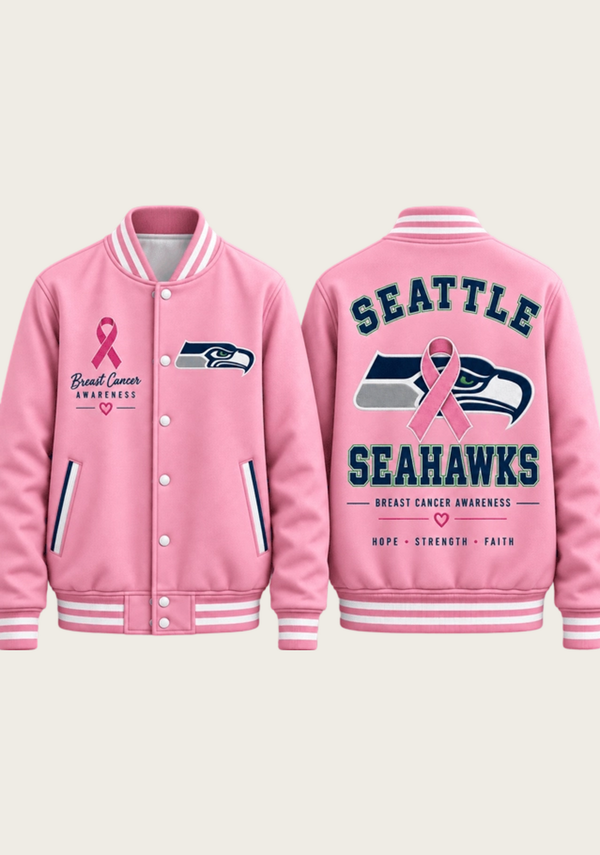 Seattle Seahawks Breast Cancer Awareness Pink Ribbon Varsity Jacket