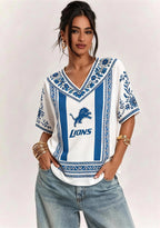 Boho Blue Floral Detroit Lions V-Neck Blouse
