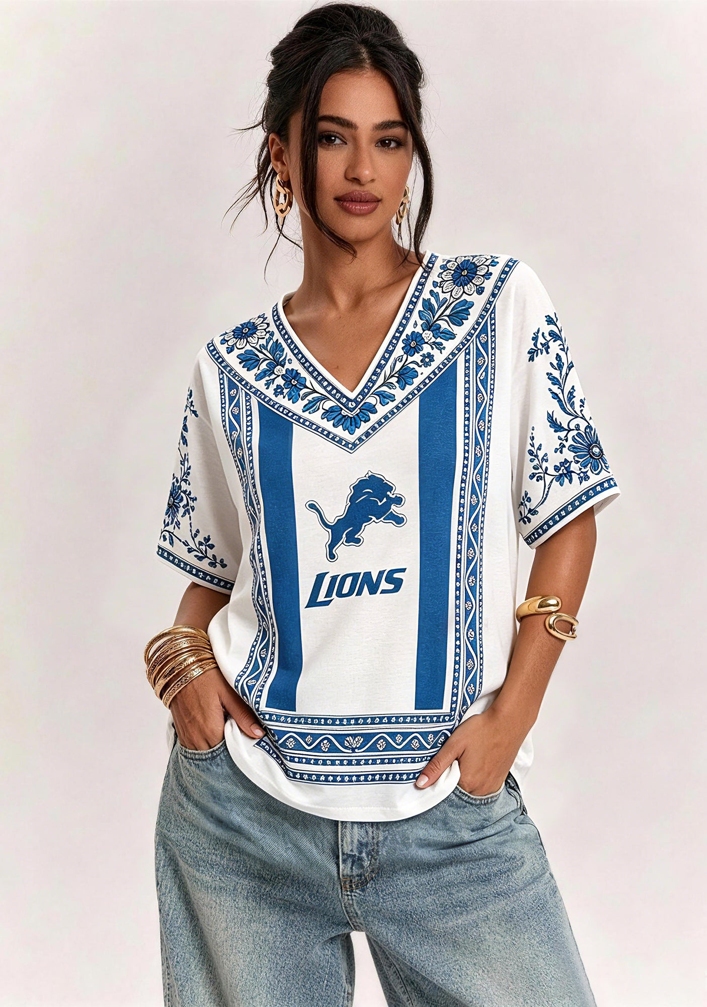 Boho Blue Floral Detroit Lions V-Neck Blouse