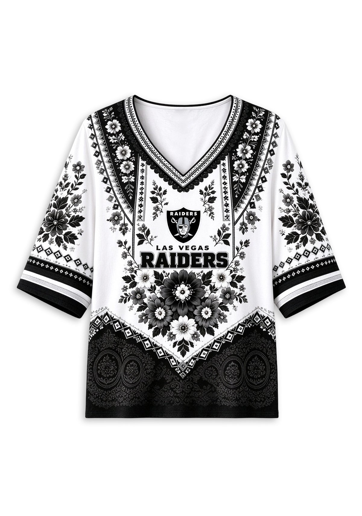 Women’s Las Vegas Raiders Boho Floral V-Neck 3/4 Sleeve Shirt