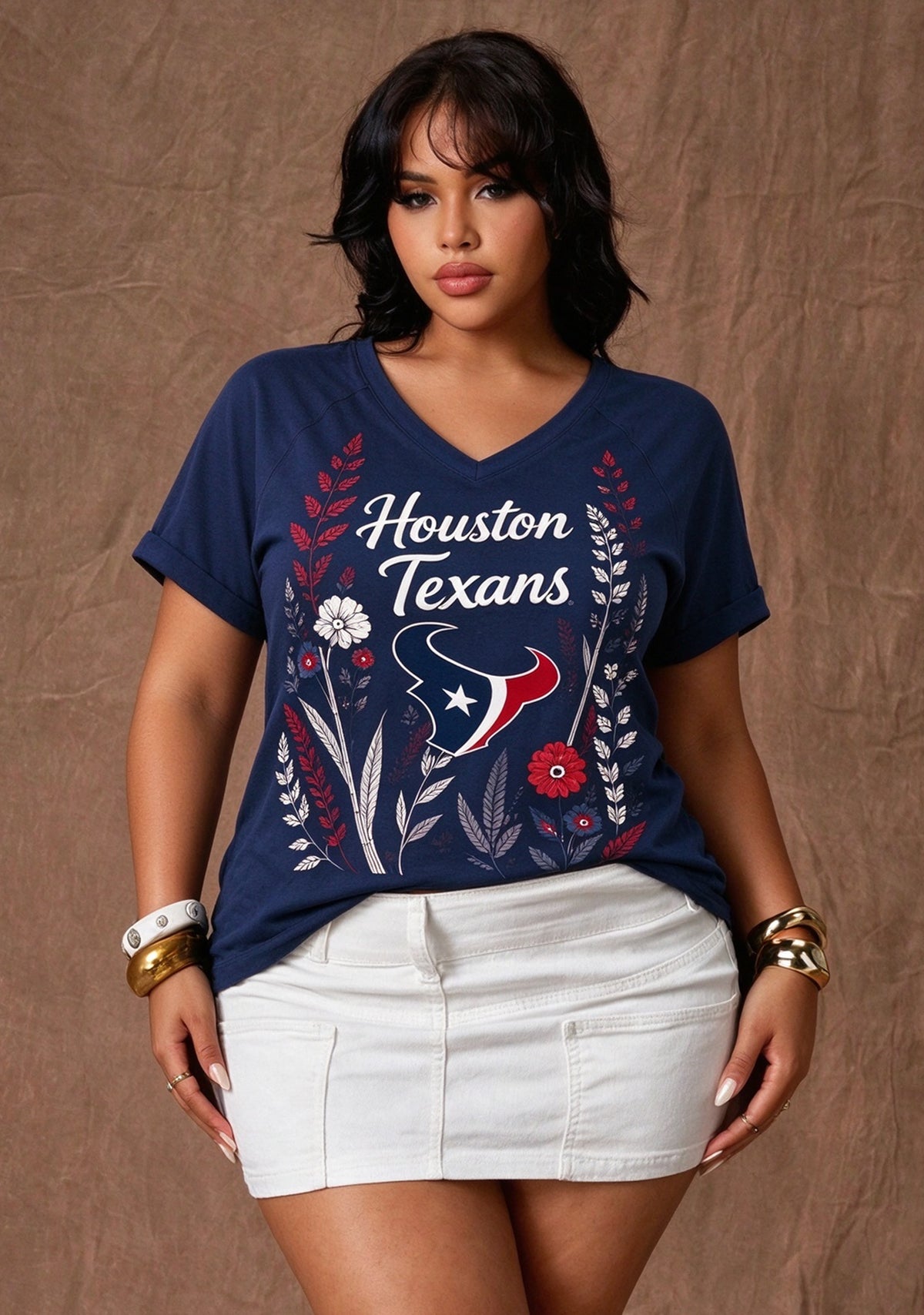 Women's Houston Texans Wildflower Graphic V-Neck Raglan Rolled T-Shirt Main image