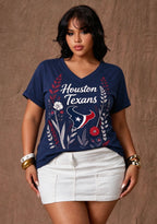 Women's Houston Texans Wildflower Graphic V-Neck Raglan Rolled T-Shirt