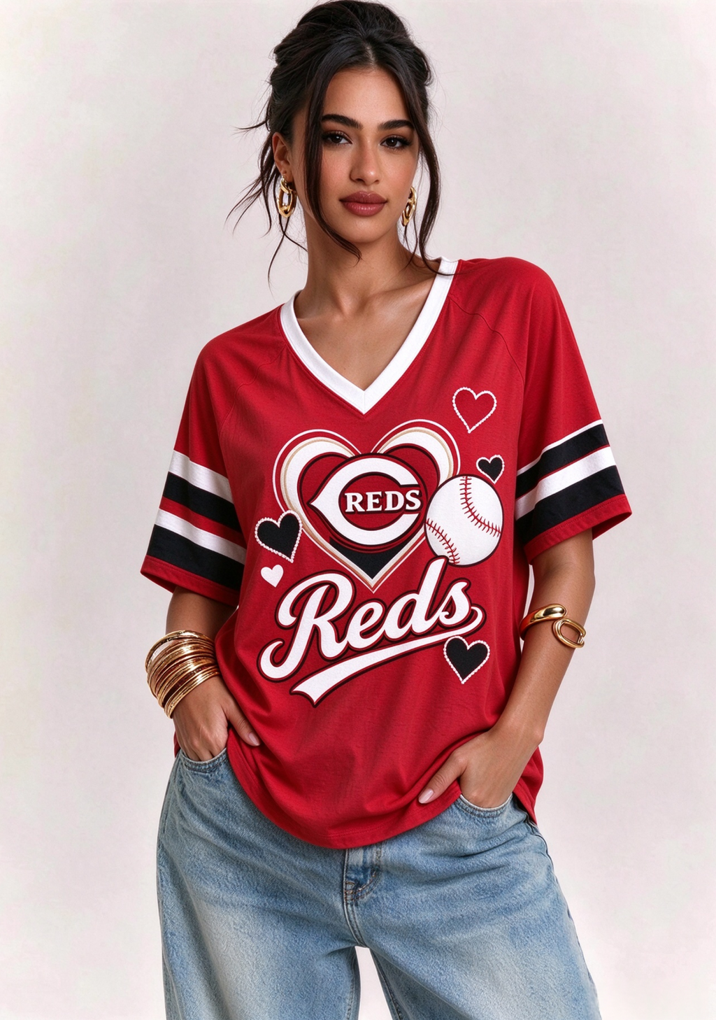 Women Cincinnati Reds Baseball Graphic V-Neck T-Shirt