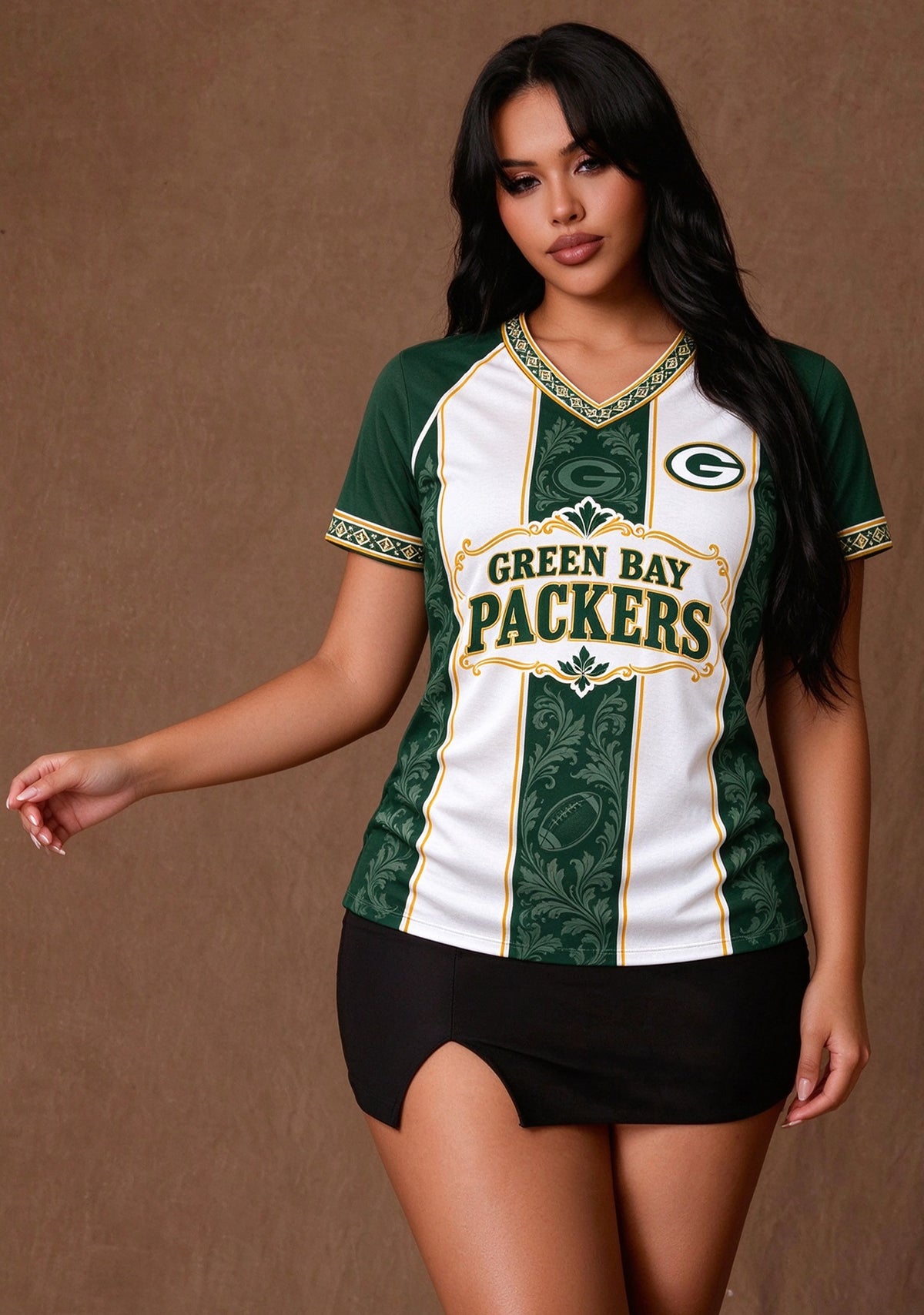Women's Green Bay Packers Floral Baroque Striped V-Neck T-Shirt