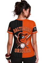 Women Baltimore Orioles Baseball Half Striped Henley T-Shirt
