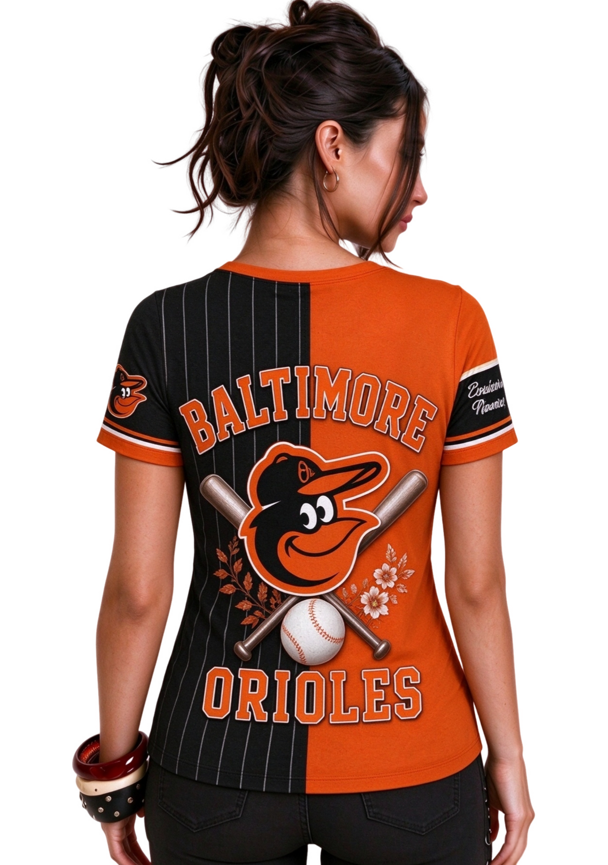 Women Baltimore Orioles Baseball Half Striped Henley T-Shirt