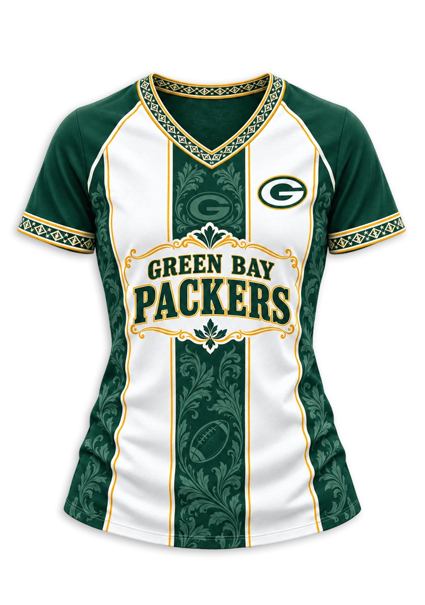 Women's Green Bay Packers Floral Baroque Striped V-Neck T-Shirt Secondary image