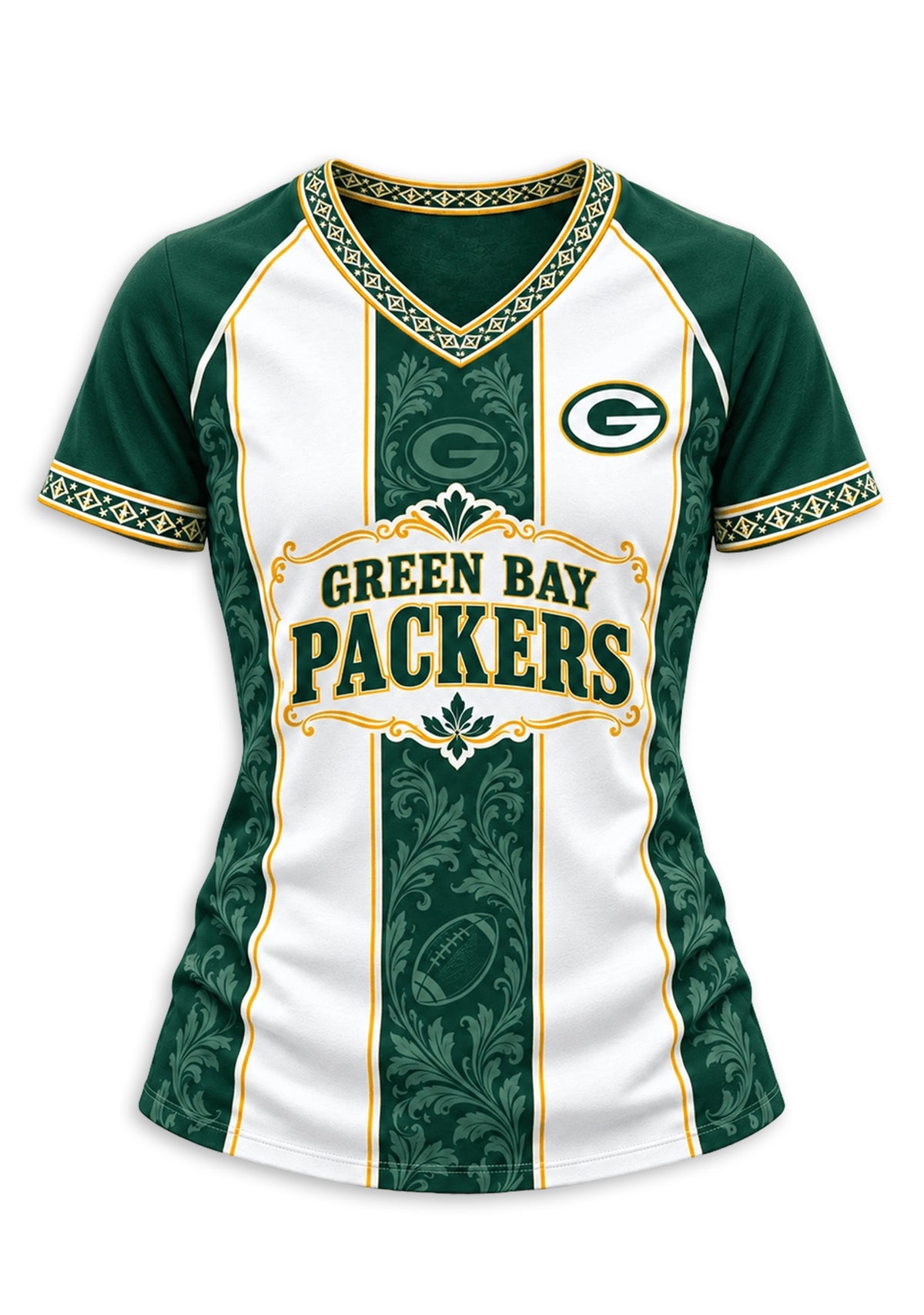 Women's Green Bay Packers Floral Baroque Striped V-Neck T-Shirt