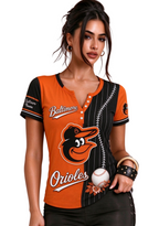 Women Baltimore Orioles Baseball Half Striped Henley T-Shirt
