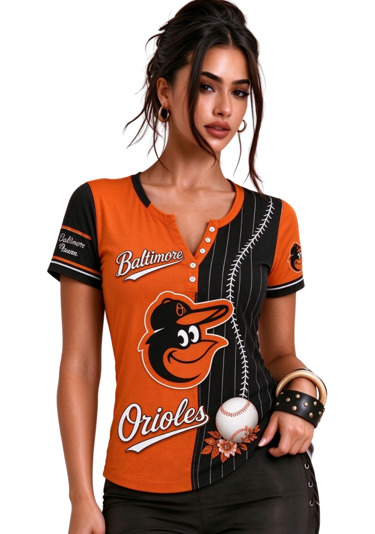 Women Baltimore Orioles Baseball Half Striped Henley T-Shirt