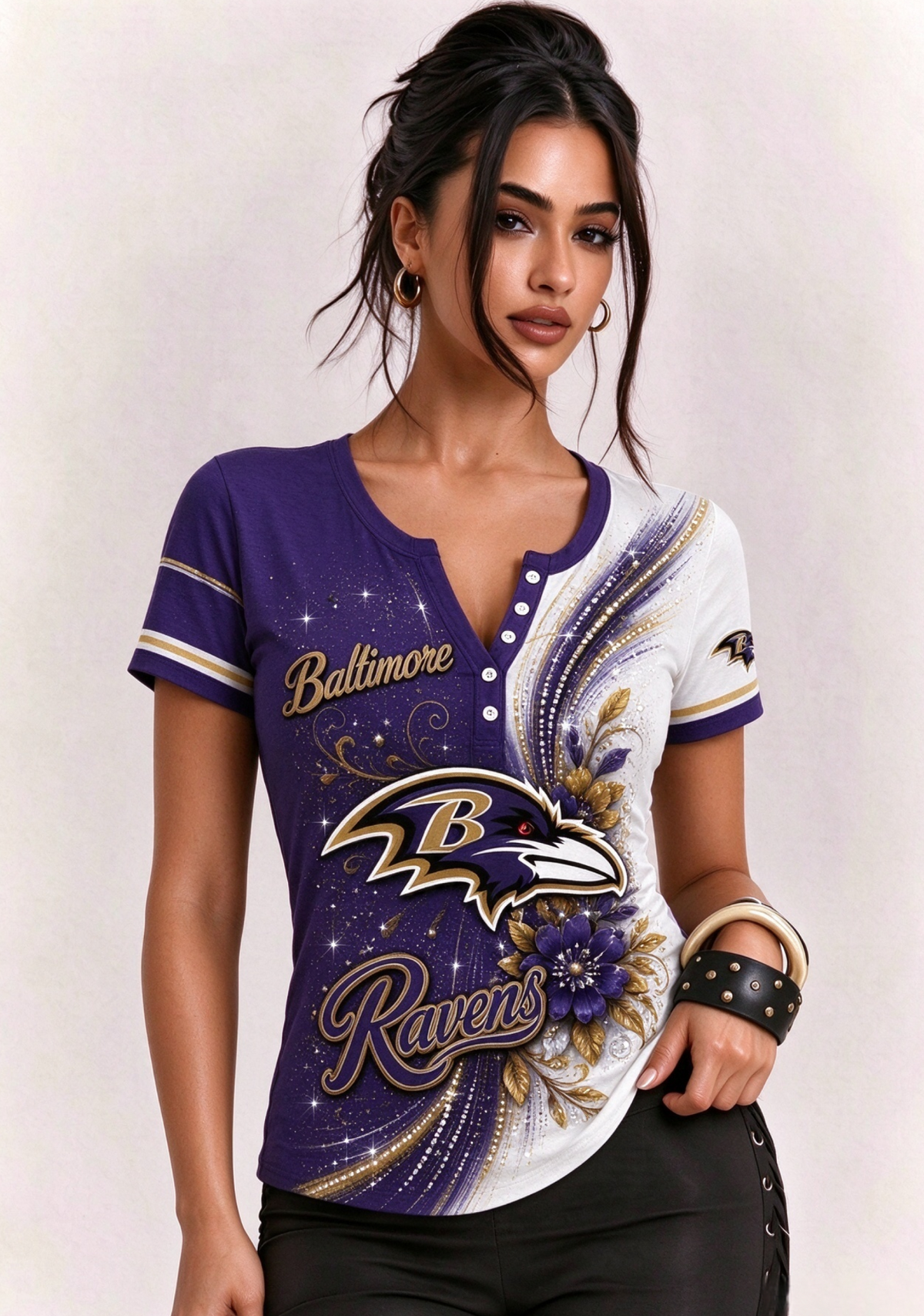 Women Baltimore Ravens Floral Henley T-Shirt