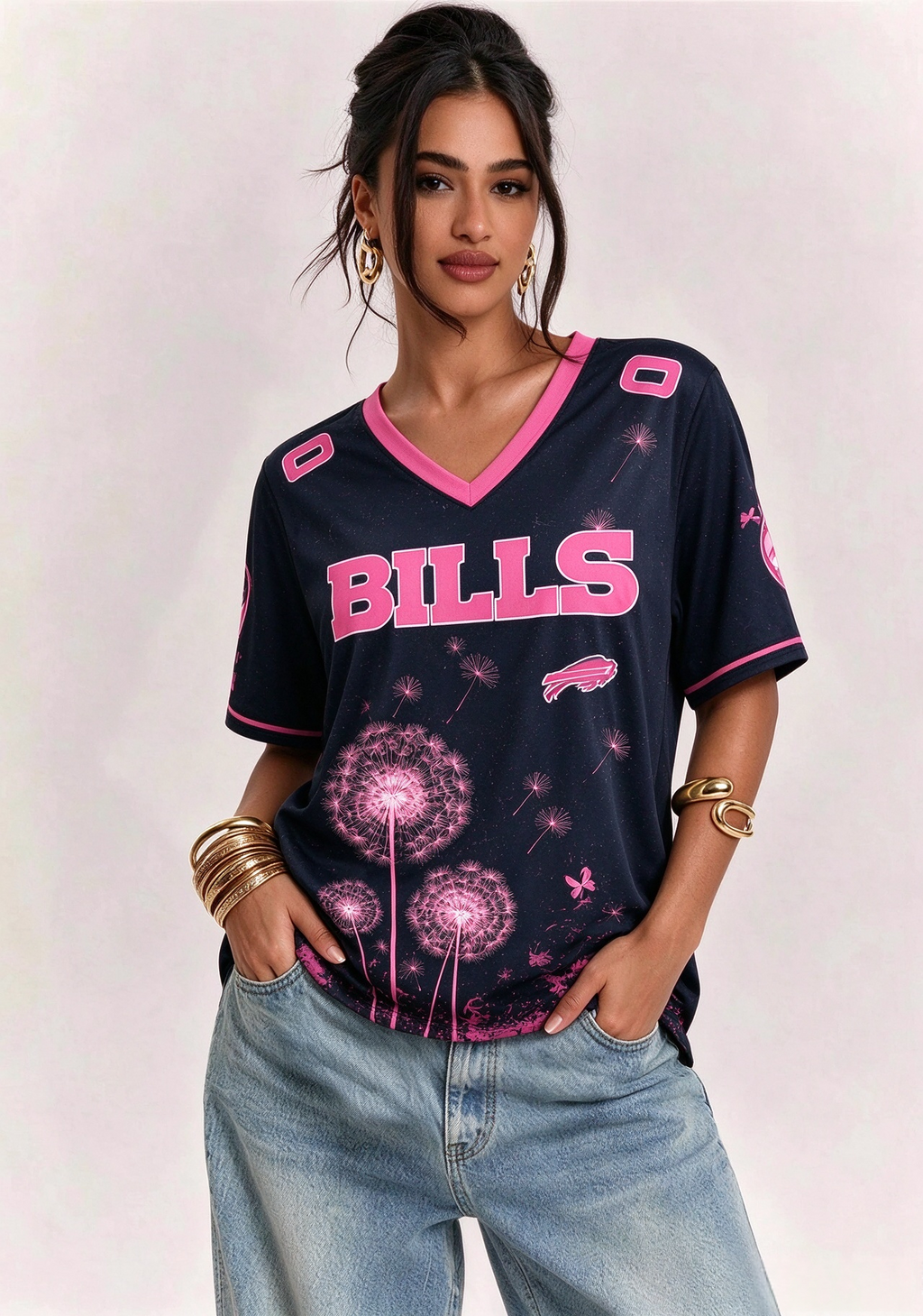 Buffalo Bills Breast Cancer Awareness Dandelion V-Neck T-Shirt