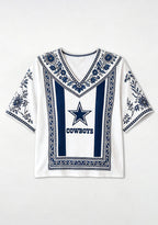 Boho Navy Floral Dallas Cowboys V-Neck Blouse