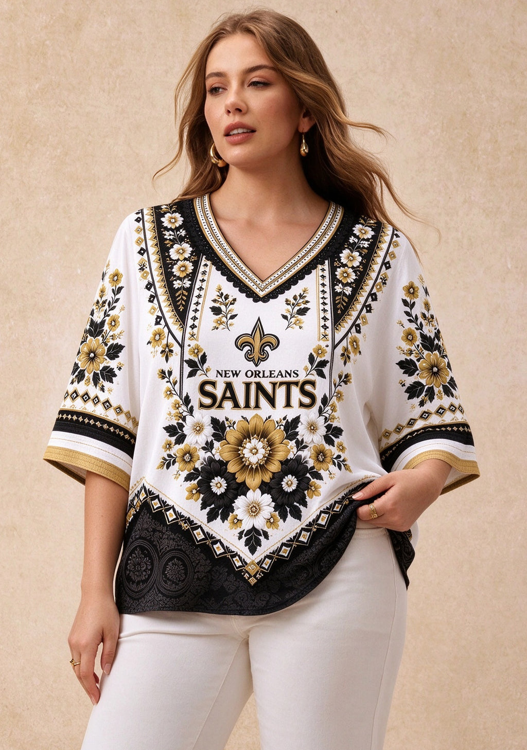 Women’s New Orleans Saints Boho Floral V-Neck 3/4 Sleeve Shirt