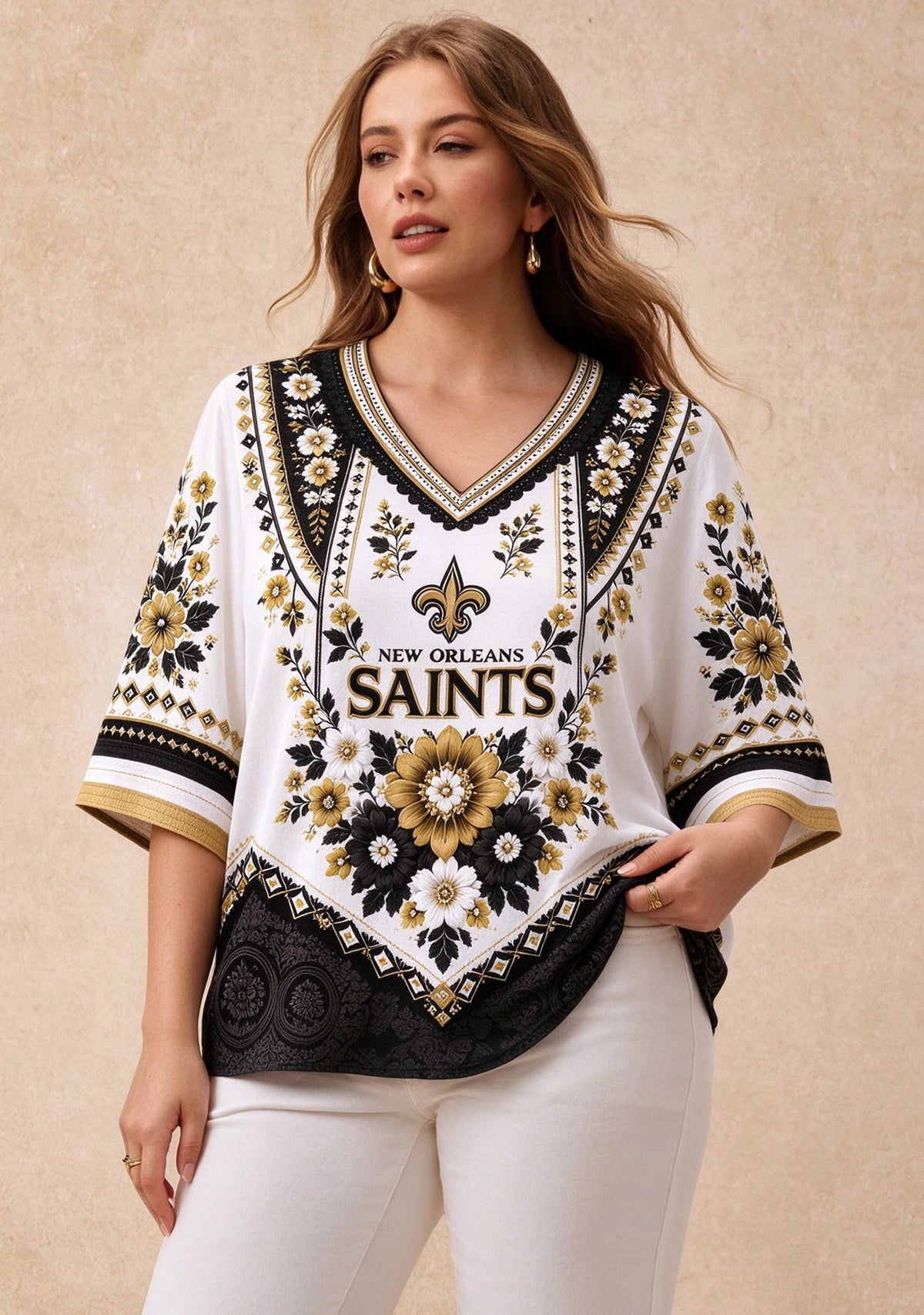 Women’s New Orleans Saints Boho Floral V-Neck 3/4 Sleeve Shirt
