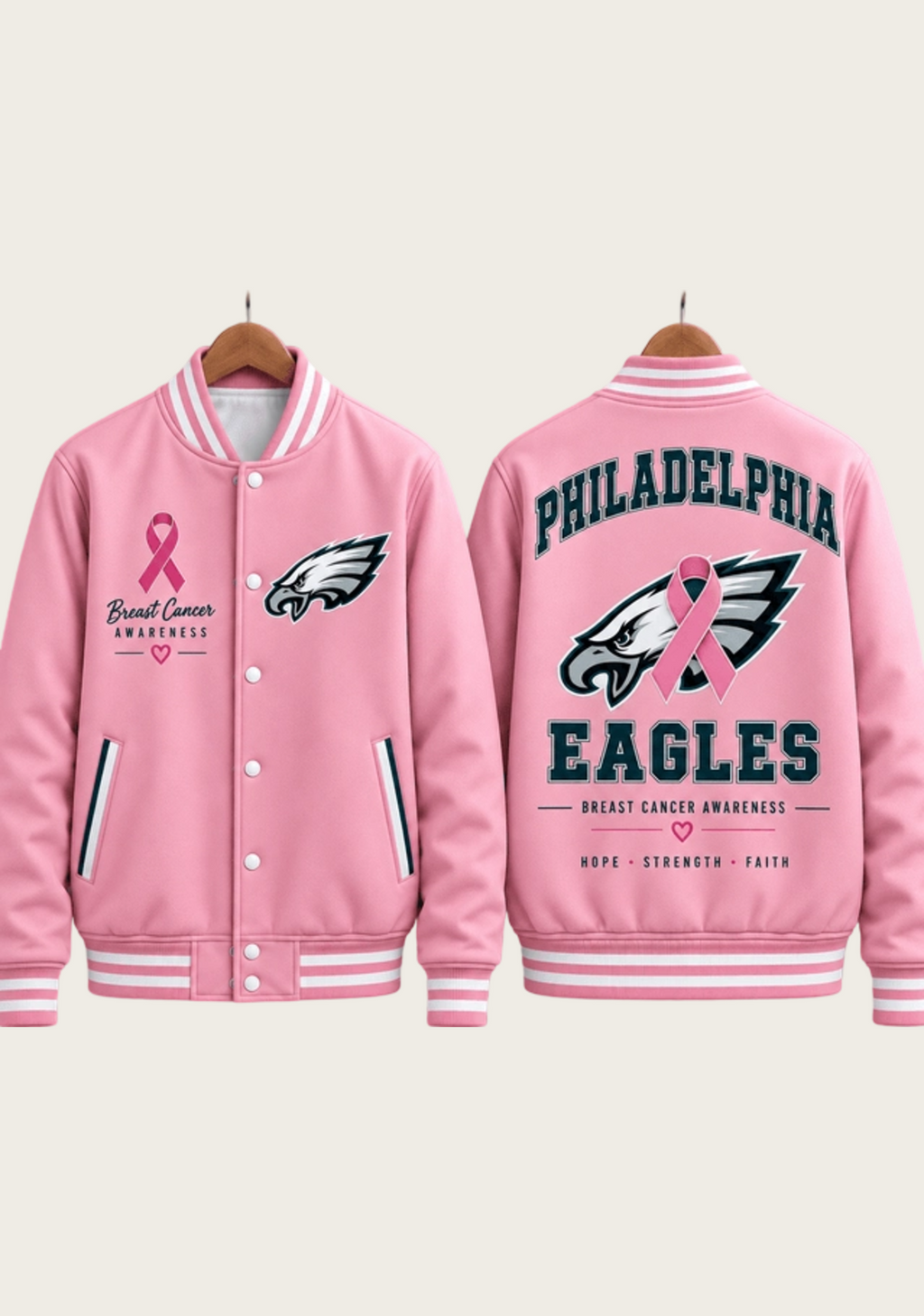 Philadelphia Eagles Breast Cancer Awareness Pink Ribbon Varsity Jacket