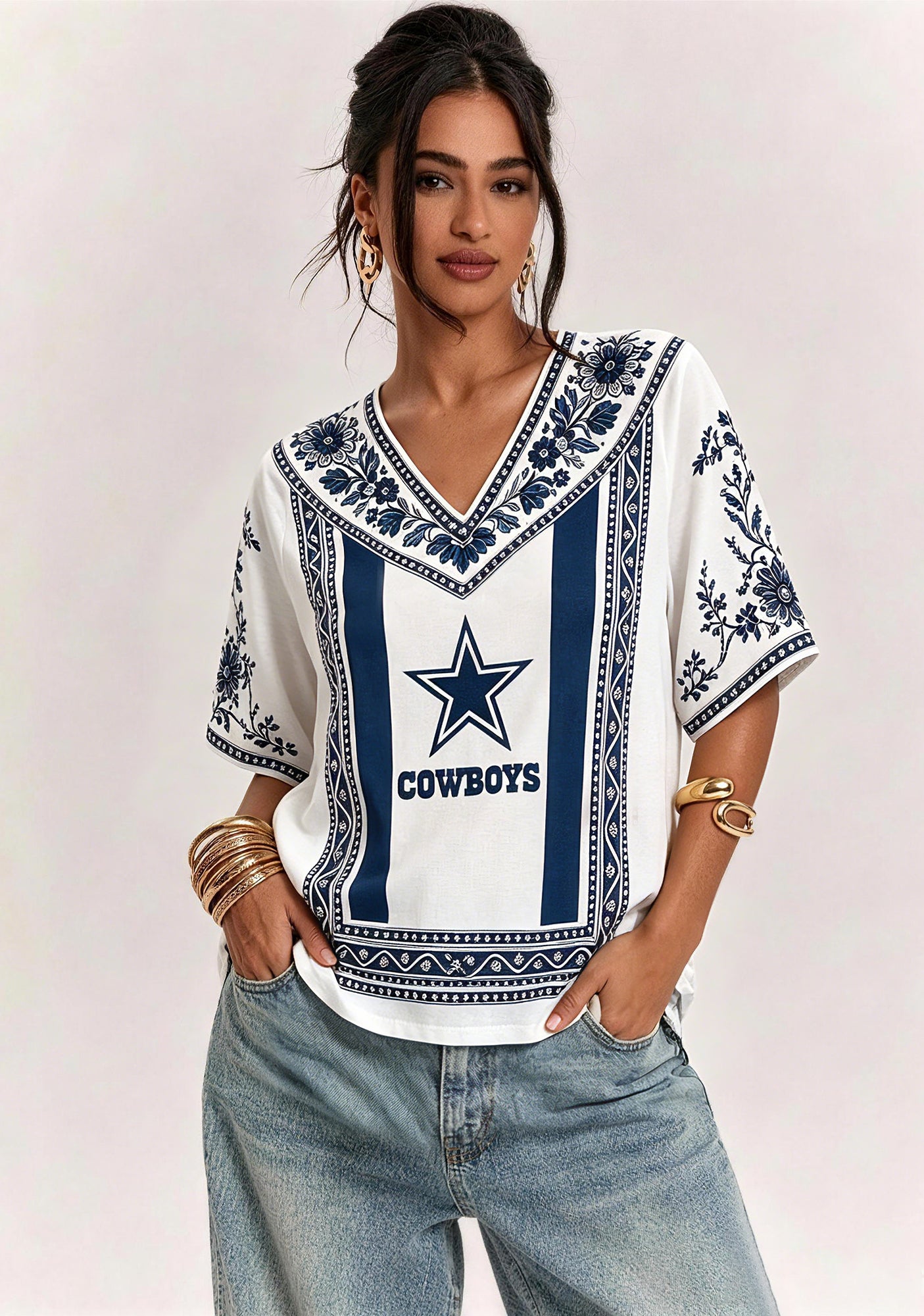 Boho Navy Floral Dallas Cowboys V-Neck Blouse Main image