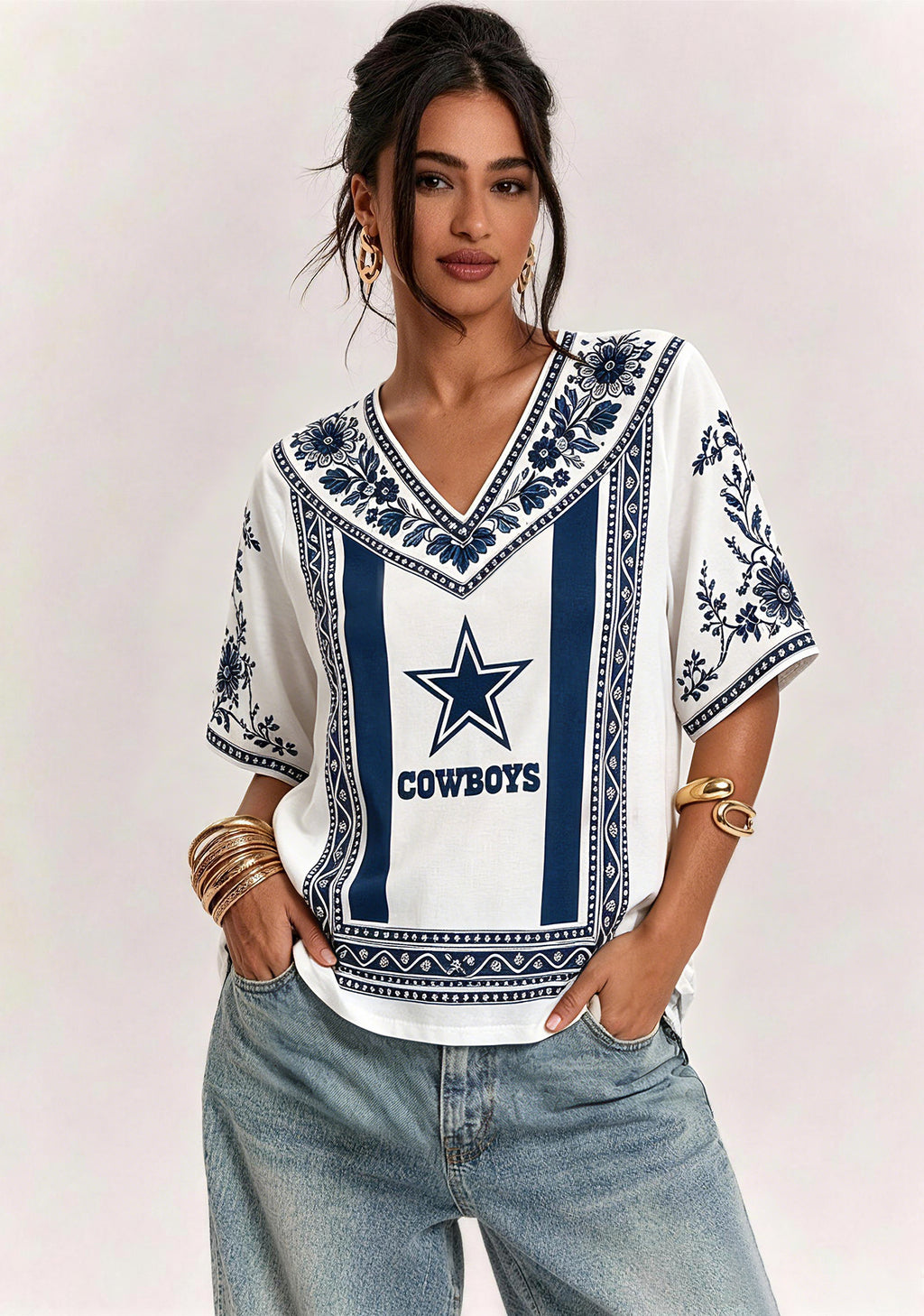 Boho Navy Floral Dallas Cowboys V-Neck Blouse