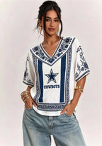 Boho Navy Floral Dallas Cowboys V-Neck Blouse