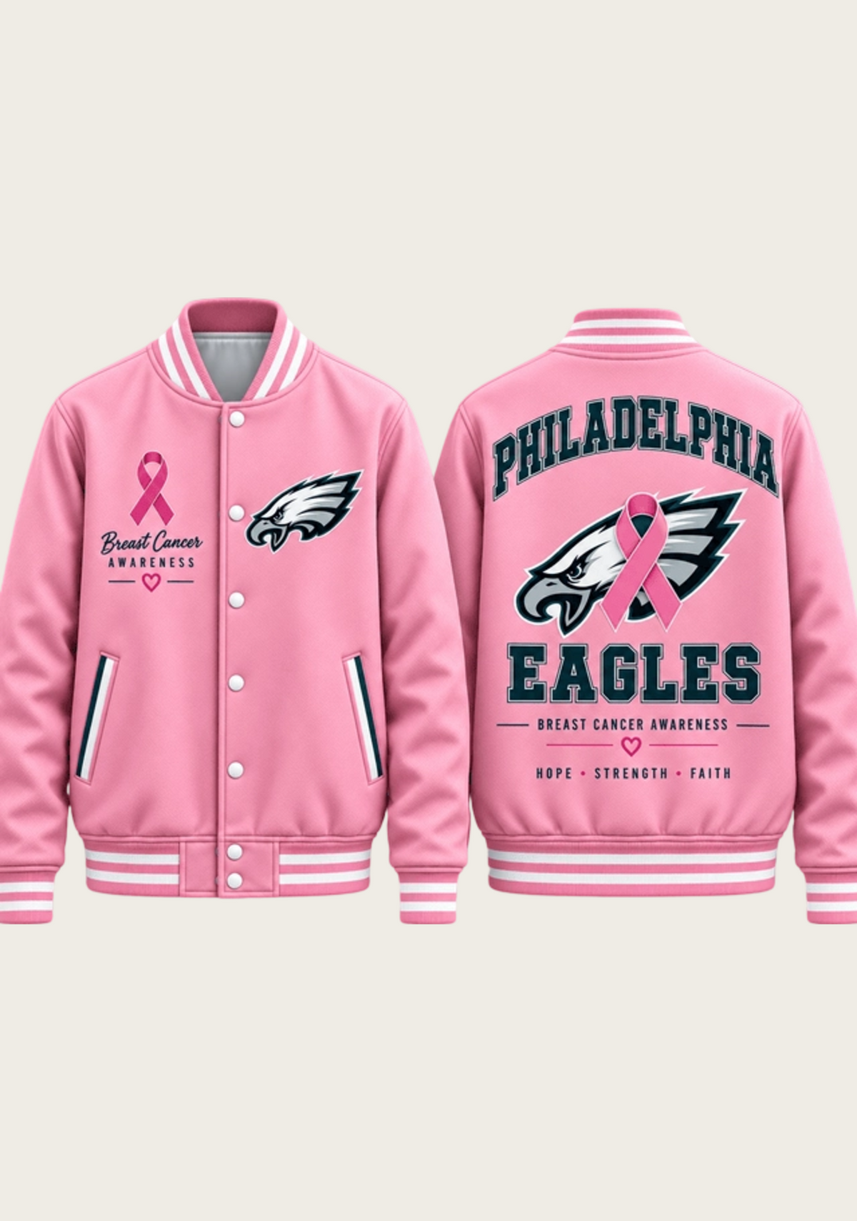 Philadelphia Eagles Breast Cancer Awareness Pink Ribbon Varsity Jacket