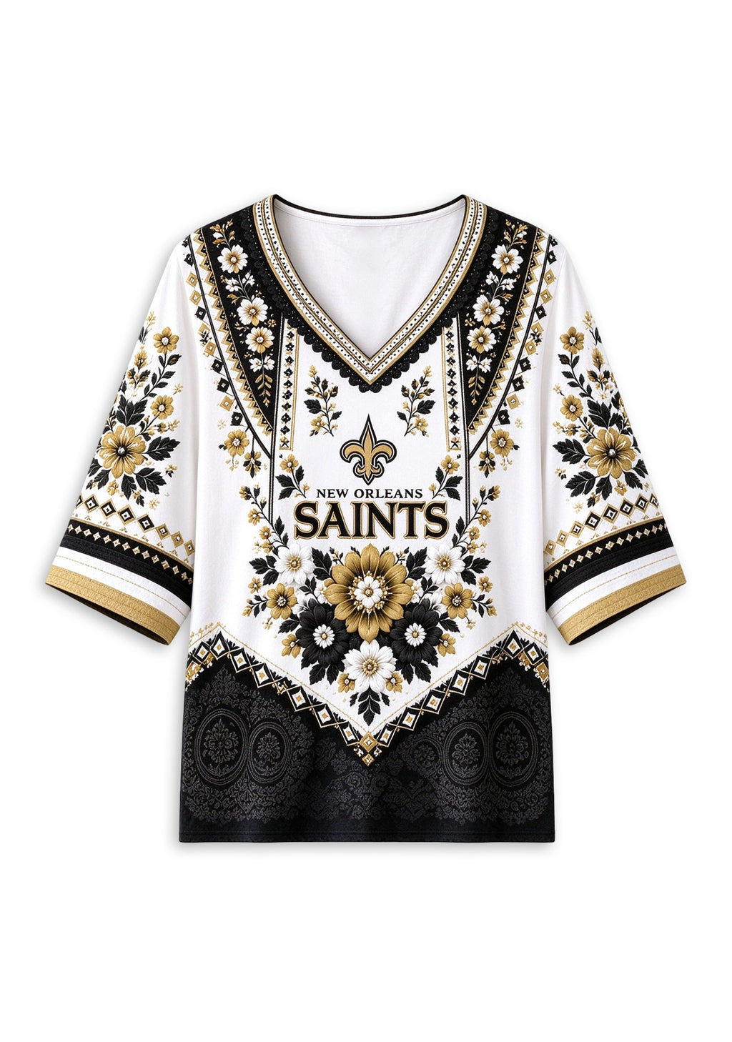 Women’s New Orleans Saints Boho Floral V-Neck 3/4 Sleeve Shirt