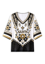 Women’s New Orleans Saints Boho Floral V-Neck 3/4 Sleeve Shirt