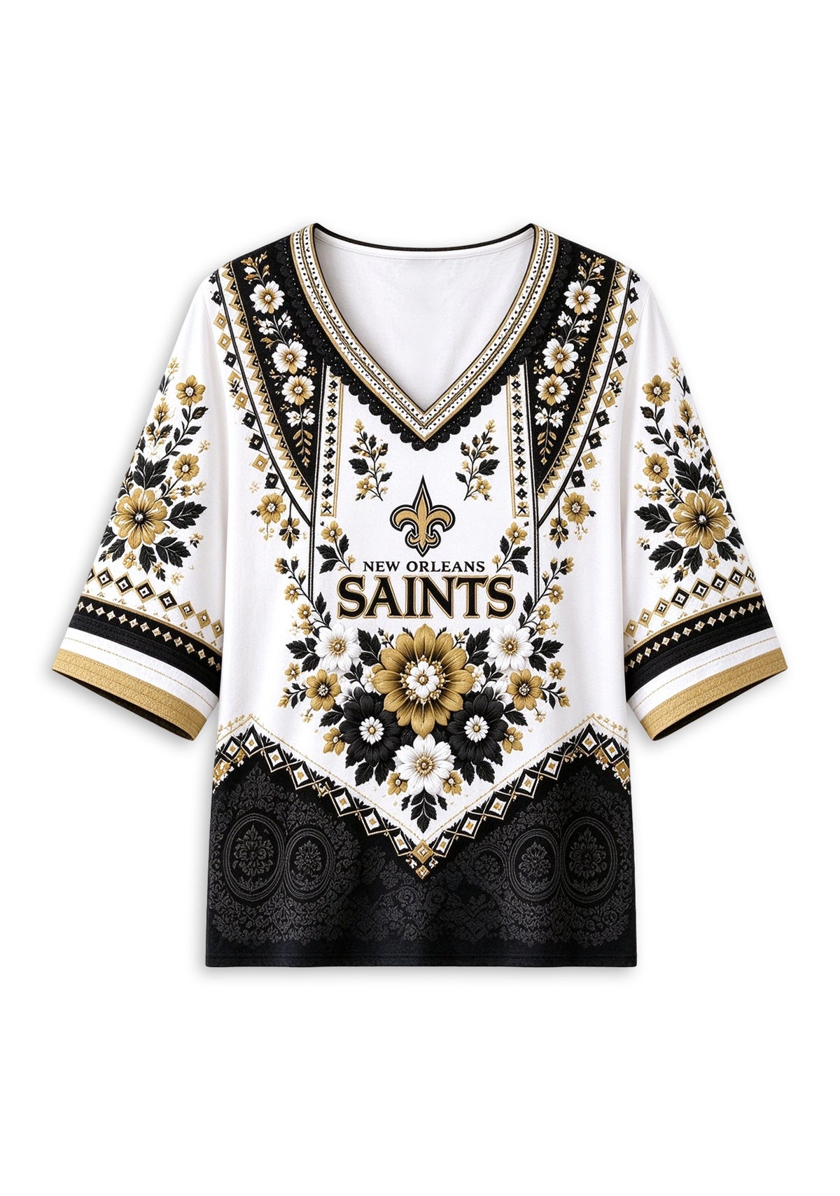 Women’s New Orleans Saints Boho Floral V-Neck 3/4 Sleeve Shirt