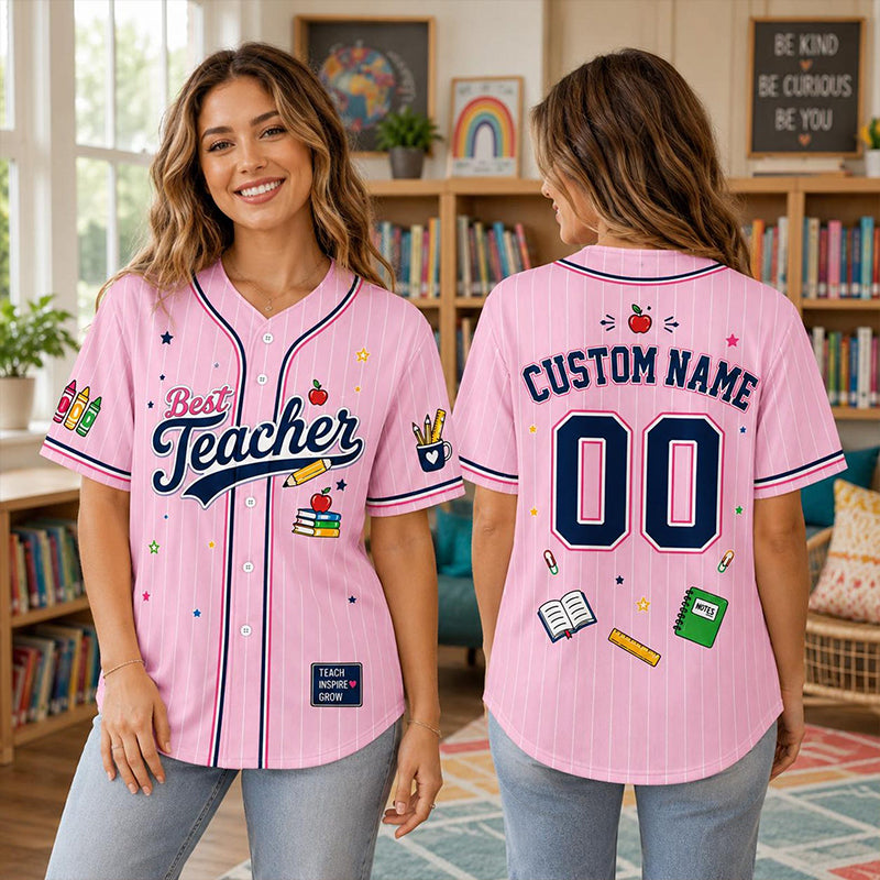 Personalized Team School Stuff Preppy Stripes Teacher Baseball Jersey Main image