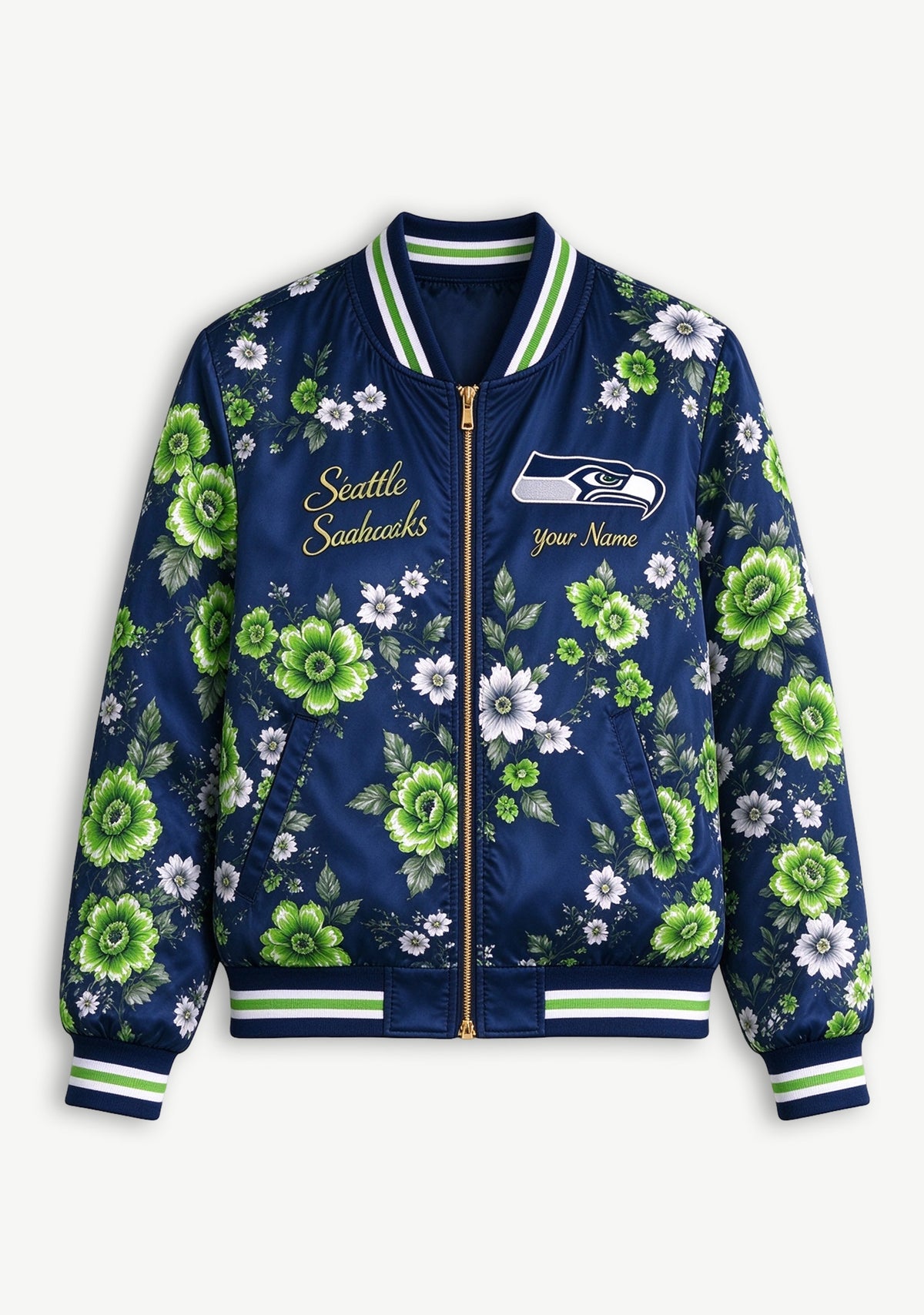 Women Seattle Seahawks Floral Print Zip Up Jacket Custom Name For Fan