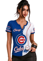 Women Chicago Cubs Baseball Half Striped Henley T-Shirt