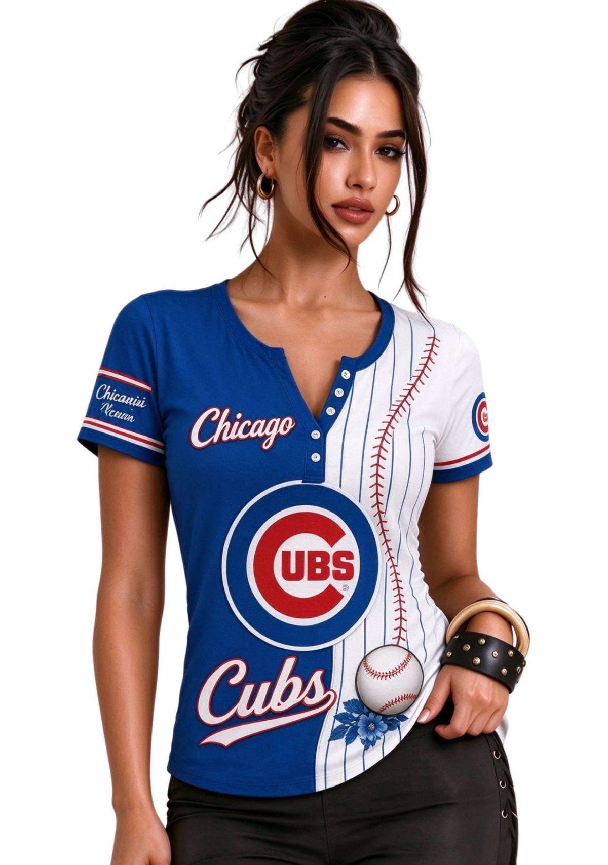 Women Chicago Cubs Baseball Half Striped Henley T-Shirt