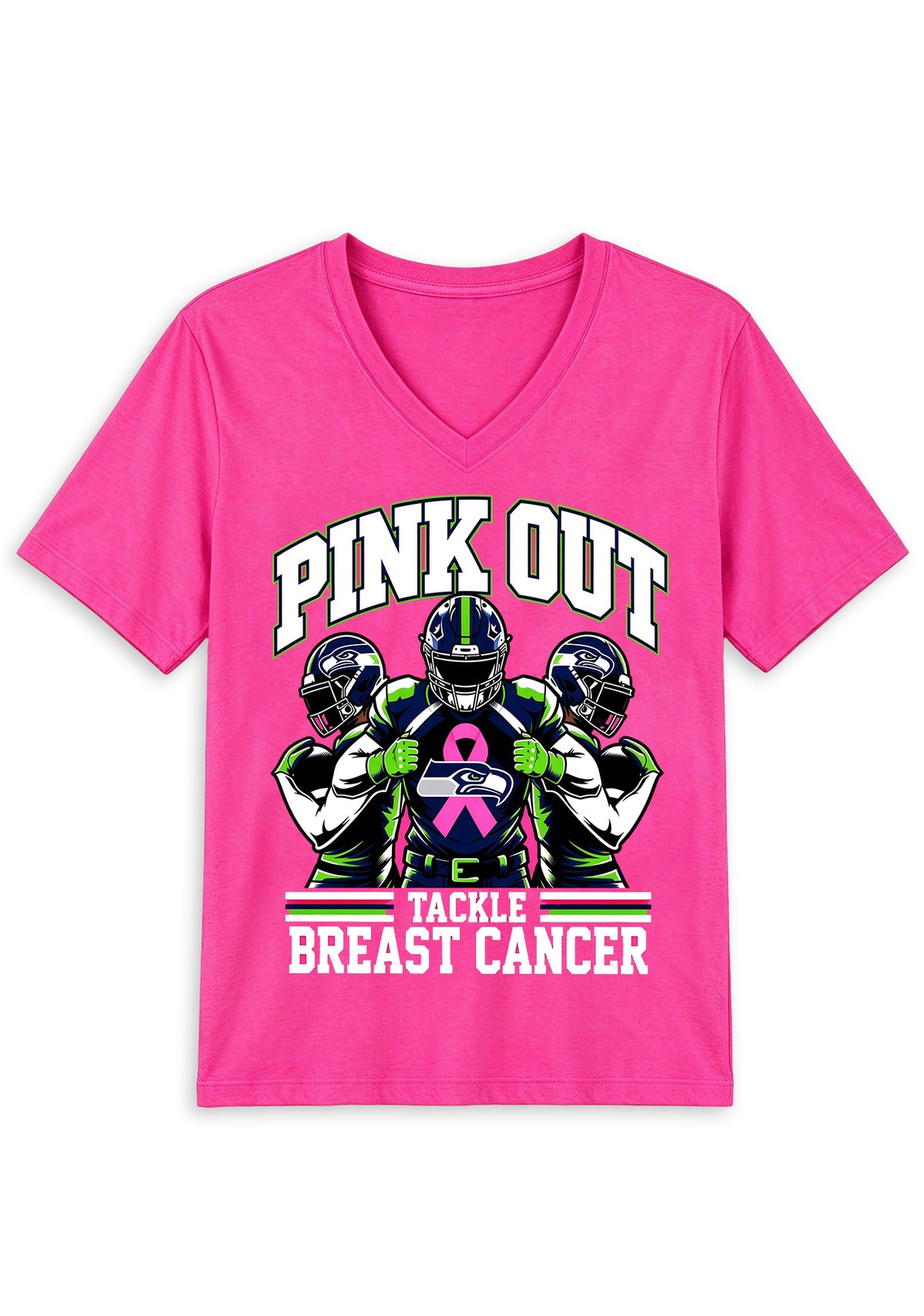 Seattle Seahawks Pink Out Tackle Breast Cancer Awareness V-Neck T-Shirt