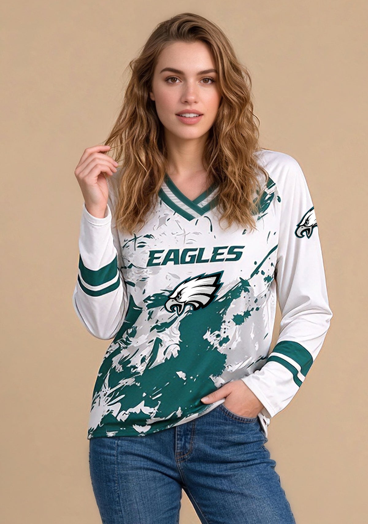 Women's Philadelphia Eagles Graphic V Neck Long Sleeve Shirt