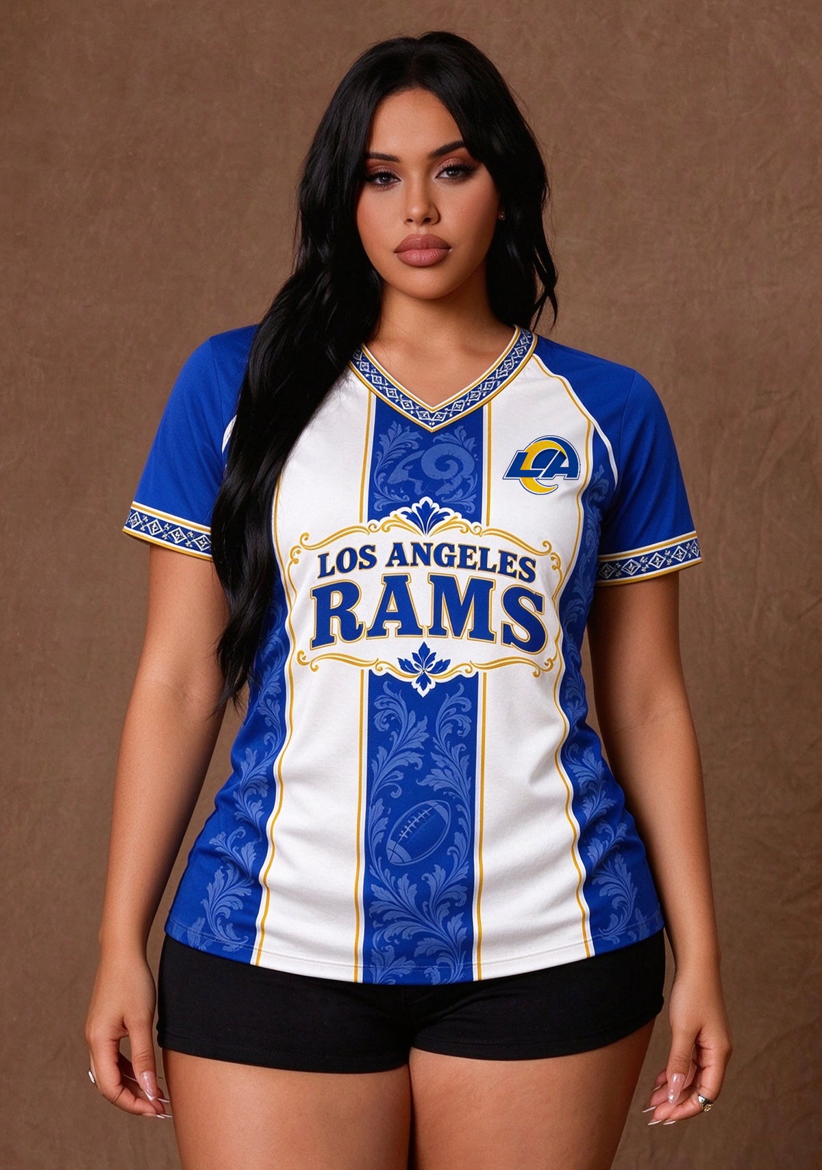 Women's Los Angeles Rams Floral Baroque Striped V-Neck T-Shirt