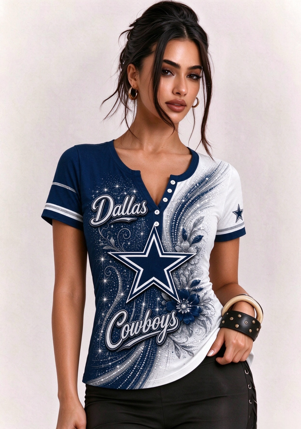 Women Dallas Cowboys Floral Henley T-Shirt