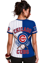 Women Chicago Cubs Baseball Half Striped Henley T-Shirt